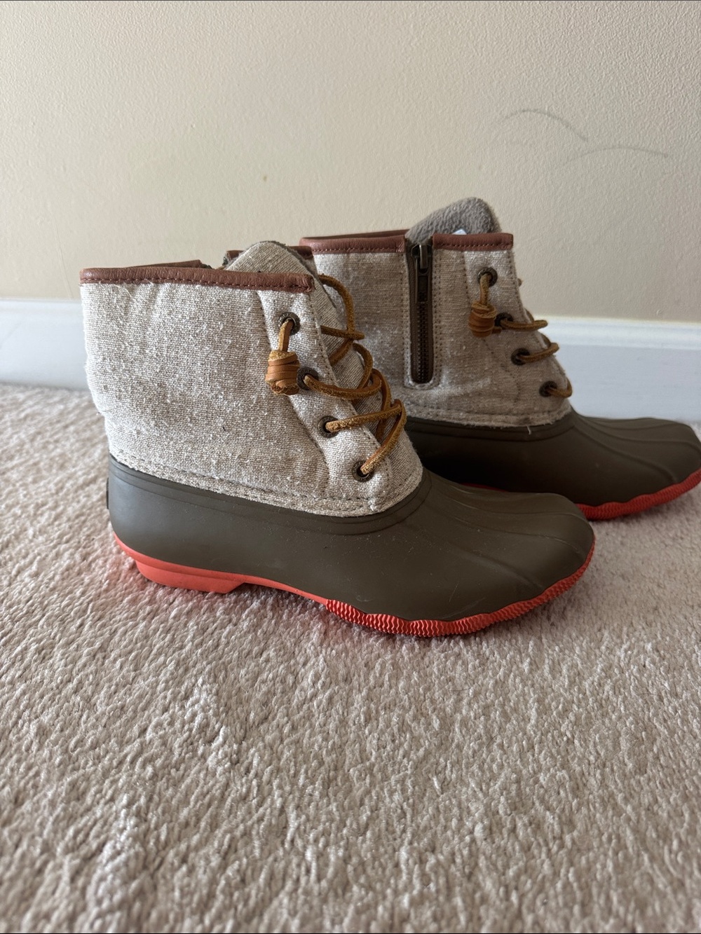 Sperry Waterproof Duck Boots in Olive Green and Orange